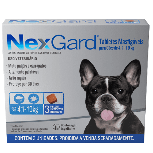 NexGard Antipulgas e Carrapatos para Cachorros 4,1 a 10kg 3 tabletes - NexGard® é um tablete mastigável altamente palatável que seu cão vai adorar. Com um rápido início de ação, ele atinge 100% de eficácia contra pulgas em apenas 8 horas, matando-as antes que coloquem ovos.