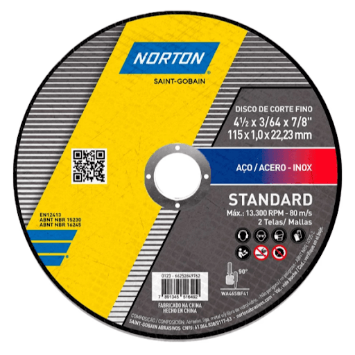 Disco de Corte Standard 115X1,0X22,23Mm Norton - O Disco de Corte Standard da Norto possui uma fina espessura de apenas 1,0 mm, sendo ideal para cortar metais, inox e outros materiais com agilidade e facilidade, tornando suas tarefas mais rápidas e eficazes.