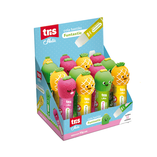 Cola Bastão Funtastic Holic Fofurices - 10G - Tris - Essa cola é FUNtastic! <3 Veio para conquistar o coração de todos com tampas super fofas em formato de de moranguinho, abacaxi e cactos pra você escolher! Além disso, é uma cola de alta resistência ao calor, com ótima aderência e secagem super rápida. - PVP, glicerol, álcool polvinilico, acetato de vinil e látex.