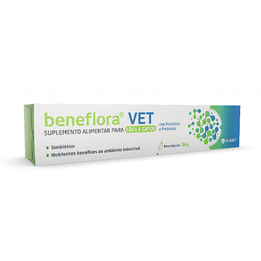 BENEFLORA VET 14G PST X 1 - AVERT - Simbiótico (associação de probióticos + prebióticos) com nutrientes benéficos ao ambiente intestinal. Proporciona auxílio na recomposição da microbiota intestinal