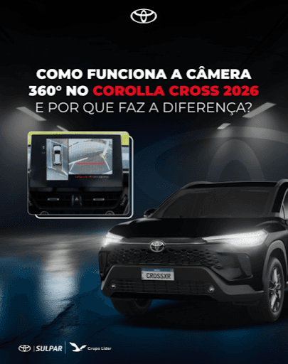COROLLA CROSS - CÂMERA 360º - 🚘 Corolla Cross 2026: Veja o mundo ao seu redor com mais clareza
O novo Corolla Cross 2026 eleva o padrão de segurança e praticidade com o Panoramic View Monitor, o inovador sistema de visão 360° da Toyota.
📸 Utilizando câmeras posicionadas na parte frontal, traseira e laterais, o sistema oferece uma visão completa ao redor do veículo, exibida na nova central multimídia Toyota Play 2.0 de 10”.
 🔁 Estacionar, manobrar e circular em espaços apertados ficou mais simples, seguro e intuitivo.
E não para por aí:
 ✔️ Alerta de ponto cego (BSM)
 ✔️ Alerta de tráfego traseiro (RCTA)
 ✔️ Conectividade com Apple CarPlay® e Android Auto®
 ✔️ Monitoramento remoto via Toyota App
Além disso, o modelo oferece opções com motor híbrido flex ou 2.0, interior confortável com ar digital Dual Zone e acabamento premium.
🌟 Tecnologia para quem valoriza segurança, praticidade e inovação.
 📍 Venha conhecer de perto na Sulpar Toyota ou agende seu test-drive pelas redes sociais ou site oficial!