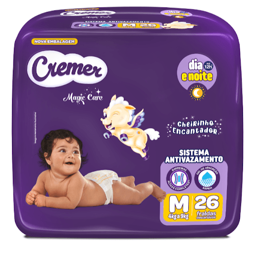 Fralda Descartável Cremer Infantil Magic Care - tam. M com 26 un. | Pacote Jumbo - A Nova Cremer além de encantadora possui fornece proteção contra vazamento e pele seca por até 12 horas, noite e dia.