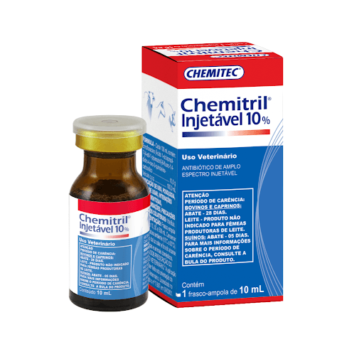 Chemitril 10% 10 ml Injetável - Antibiótico Injetável indicado para bovinos, suínos e caprinos nos tratamentos de infecções respiratórias, infecções após o parto, enterites, complexo MMA, anaplasmose, e infecções dérmicas.