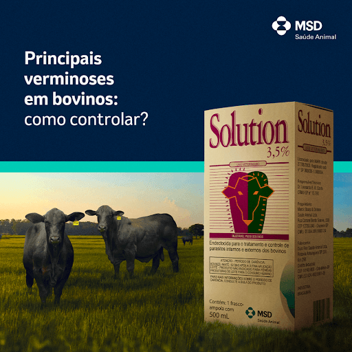 Solution® 3,5% - O controle das verminoses em bovinos é fundamental para a saúde e produtividade do rebanho. As verminoses são causadas por parasitas internos que podem afetar o desempenho dos animais, causando perda de peso, redução na produção de leite, anemia e, em casos severos, até a morte. Para combater os principais parasitas gastrointestinais dos bovinos como Haemonchus placei, Cooperia punctata, Oesophagostomum radiatum e Trichostrongylus axei o produtor pode contar com Solution® 3,5% da MSD Saúde Animal. Solution® 3,5% é uma solução para bovinos que tem uma associação exclusiva de Ivermectina e Abamectina com alta concentração que garante amplitude de atuação contra os principais parasitas internos e externos dos animais. Para garantir a saúde do rebanho e cuidar da sua lucratividade, conte com Solution® 3,5%.

MSD Saúde Animal.