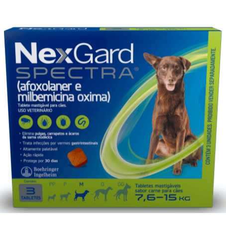 NexGard Spectra Antipulgas e Carrapatos e Vermífugo para Cães de 7,6 a 15kg 3 tabletes - NEXGARD SPECTRA® possui cinco faixas de peso, sendo seguro para todas as raças de cães. Se o peso do seu cão for superior a 60 kg, complemente a dosagem com um tablete adicional equivalente ao peso em falta. Mata, trata e controla pulgas e carrapatos, além de ser indicado para o tratamento de infecções por vermes nematódeos gastrintestinais adultos, como ascarídeos (Toxocara canis), ancilostomatídeos (Ancylostoma sp.) e tricurídeos (Trichuris vulpis). Também é indicado para o tratamento e prevenção de infestações por pulgas, carrapatos e sarna otodécica (sarna de ouvido) em cães adultos e filhotes a partir de 8 semanas de idade e peso corporal mínimo de 2,0 kg.