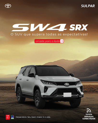 Toyota SW4 - A Toyota SW4 foi projetada para quem não abre mão de nada. Ela combina robustez, elegância e tecnologia de ponta. Equipada com motor 2.8 turbodiesel, tração 4x4, câmbio automático e 7 lugares, está pronta para qualquer desafio, oferecendo máximo conforto e sofisticação. O interior conta com acabamento premium e, para sua total tranquilidade, o pacote de segurança Toyota Safety Sense acompanha cada trajeto. Potência, requinte e a tradição Toyota em um SUV incomparável. Venha para a Sulpar e conheça.