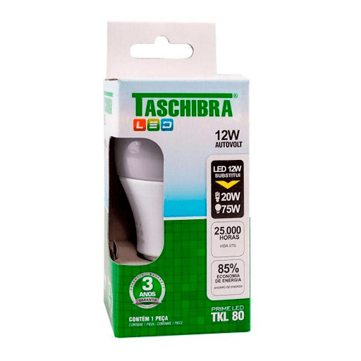 Lâmpada Led TKL80 Luz Branca Taschibra 12W Bivolt - Multicoisas - A Lâmpada Led TKL80 Taschibra 12W emite luz branca, com potência de 12w e alimentação Bivolt, garante até 85% de economia. Possui longa vida útil de até 25000 horas e sua garantia é de 3 anos. Fabricada em policarbonato e alumínio, possui soquete E27 que é perfeito para instalação em salas, cozinha e até banheiros. A temperatura de cor é de 6500K e sua frequência é de 50/60HZ. Ideal para a sua casa.