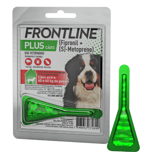 Antipulgas e Carrapatos Frontline Plus para Cães de 40 a 60kg - FRONTLINE® PLUS CÃES mata rapidamente pulgas, carrapatos e piolhos. Impede que os ovos de pulgas que caem do seu cão eclodam em sua casa, evitando o desenvolvimento de ovos e larvas provenientes de pulgas adultas adquiridas durante o período de ação do produto. Oferece proteção por 30 dias e pode ser aplicado a partir das 8 semanas de idade, inclusive em cadelas gestantes ou em lactação.