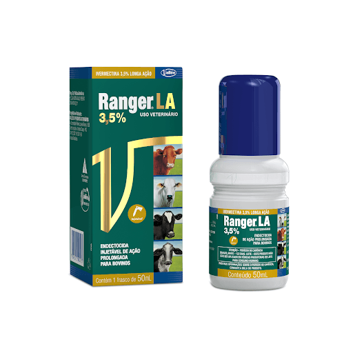 Ranger La 3,5% - Endectocida injetável em formulação gel tixotrópico de ação prolongada composto por Ivermectina 3,5% para bovinos. Indicado para o tratamento e controle de vermes gastrintestinais e pulmonares, carrapatos, bernes, piolhos e ácaros da sarna em bovinos. Auxilia no controle preventivo de miíases (bicheiras) e em feridas de castração.