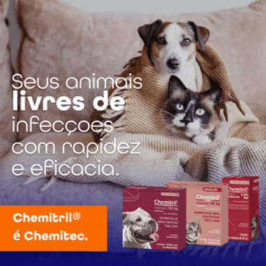 Seus animais livres de infecções - Chemitril® é uma linha de antibióticos para pets e animais de produção criada pela Chemitec para combater os mais diversos tipos de infecções bacterianas com bastante eficácia e rapidez.

Em geral, Chemitril® pode ser encontrado em comprimidos, solução oral e como medicamento injetável, com indicações específicas para cada espécie e ambiente. 

Converse com o veterinário e saiba como utilizar Chemitril® em seus animais.