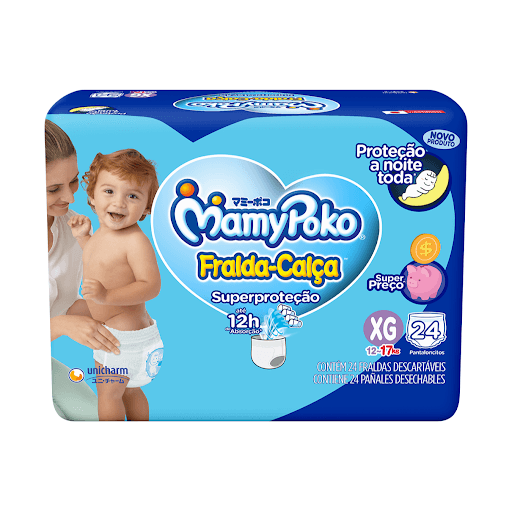 MamyPoko Fralda-Calça Superproteção XG24 - A MamyPoko Fralda-Calça Superproteção é uma fralda tipo calça com um super preço^ que protege o seu bebê a noite toda*. Pois contém até 12h de absorção* e barreiras duplas que evita vazamento lateral. 
^Comparada ao valor do pacote MamyPoko Fralda-Calça Dia&Noite. * Pode variar de acordo com os hábitos e características do bebê.