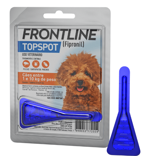 Antipulgas e Carrapatos Frontline Topspot para Cães de 1 a 10kg - FRONTLINE® TOPSPOT CÃES mata rapidamente pulgas, carrapatos e piolhos. Oferece proteção por 30 dias e pode ser aplicado a partir das 8 semanas de idade, inclusive em cadelas gestantes ou em lactação.