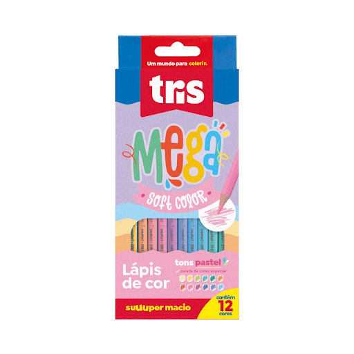 Lápis De Cor Mega Soft Color - Tons Pastel - 12 Cores - Tris - Tons pastel! Lápis de madeira e de traço super macio, corpo triangular e excelente cobertura! - Madeira, cargas, corantes e aglutinantes.