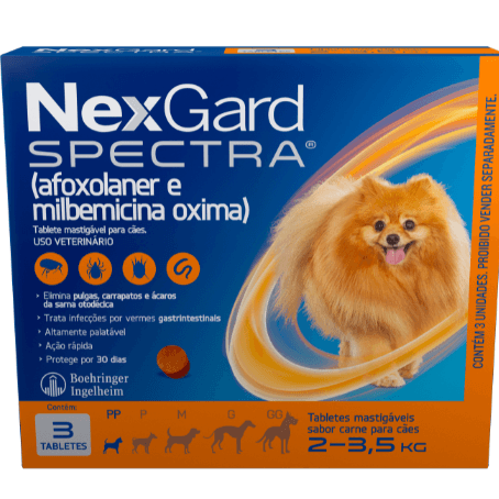 NexGard Spectra Antipulgas e Carrapatos e Vermífugo para Cães de 2 a 3,5kg 3 tabletes - NEXGARD SPECTRA® possui cinco faixas de peso, sendo seguro para todas as raças de cães. Se o peso do seu cão for superior a 60 kg, complemente a dosagem com um tablete adicional equivalente ao peso em falta. Mata, trata e controla pulgas e carrapatos, além de ser indicado para o tratamento de infecções por vermes nematódeos gastrintestinais adultos, como ascarídeos (Toxocara canis), ancilostomatídeos (Ancylostoma sp.) e tricurídeos (Trichuris vulpis). Também é indicado para o tratamento e prevenção de infestações por pulgas, carrapatos e sarna otodécica (sarna de ouvido) em cães adultos e filhotes a partir de 8 semanas de idade e peso corporal mínimo de 2,0 kg.