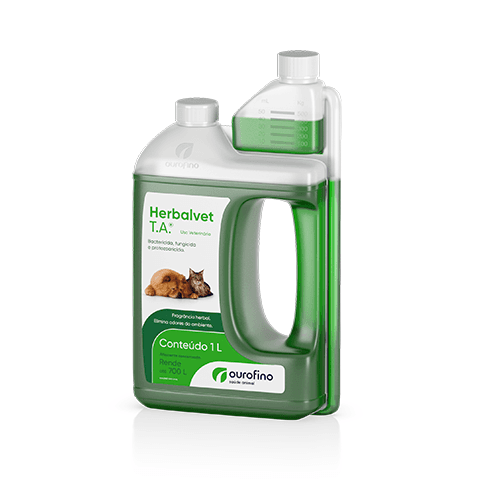 Herbalvet T. A. 1000 Ml - Poderoso desinfetante à base de Cloreto de Benzalcônio 15%. Excelente desodorizante com tensoativo biodegradável para a limpeza e desinfecção de ambientes, equipamentos e materiais 
cirúrgicos veterinários. Rendimento de até 1000 
litros na sua indicação viricida (cinomose), até 700 
litros na sua indicação giardicida e até 500 litros 
para sua indicação fungicida e bactericida.