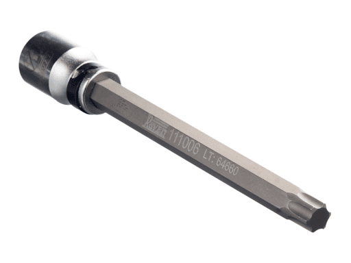 111006 Chave Com 10,4Mm Para Parafusos Cabecote A3 - Chave com perfil similar ao Hexalobular, de 10,4 mm, longa e com encaixe de 1/2" para parafusos do cabeçote dos motores VW EA113 1.6 / 1.8 / 1.8 20V Turbo / 2.0 (Golf 99 a 06/2001, Passat 97>, Audi A3 e A4) e Ford 1.0 12V 3 cil. (Ka e New Fiesta).