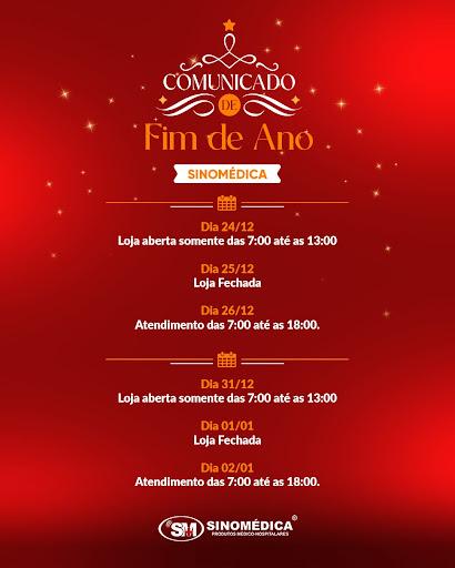 A Sinomédica informa os horários especiais de atendimento neste fim de ano:

🗓️ 24/12 (véspera de Natal): Loja aberta somente das 7:00 até as 13:00.
🗓️ 25/12 (Natal): Loja fechada.
🗓️ 26/12 - Atendimento das 7:00 até as 18:00.

🗓️ 31/12 (véspera de Ano Novo): Loja aberta somente das 7:00 até as 13:00.
🗓️ 01/01 (Ano Novo): Loja fechada.
🗓️ 02/01 - Atendimento das 7:00 até as 18:00.

Desejamos a todos um Feliz Natal e um próspero Ano Novo! 🎅✨