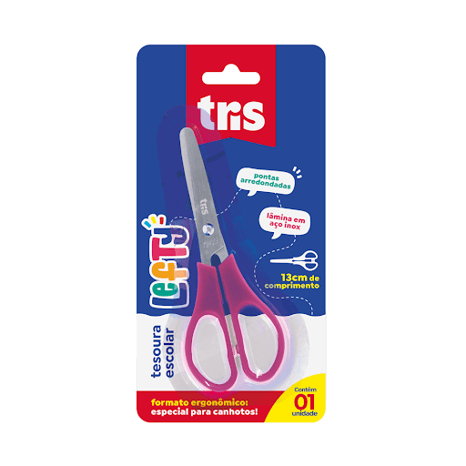 Tesoura Escolar Lefty - Para Canhoto - 13Cm - Cart C/1 Un - Tris - A tesoura Lefty é especial para canhotos! Com lâmina de aço inoxidável de 1,5cm, pontas arredondadas e 13cm de comprimento. Escolha entre as cores rosa e azul! - Resinas termoplásticas e aço inoxidável.
