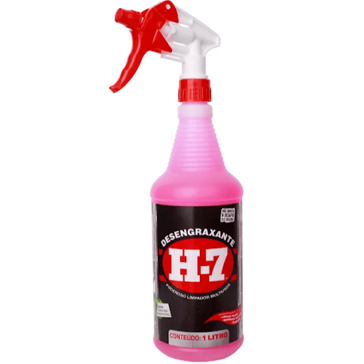 Desengraxante para Limpeza Pesada em Spray 1L H-7 - PERTO DE MIM - Desengraxante para Limpeza Pesada em Spray 1L H-7 Um excelente Desengraxante da H7. É um Poderoso limpador multiuso para sujeiras pesadas como graxa, óleo, gordura, fuligem, entre outros. Possui uma exclusiva fórmula biodegradável que limpa sem necessidade de água e sem produzir espuma. Muito utilizado em motores, aviões, barcos, bikes, pisos, ceramicas, cimentícios, pedras, rejuntes, fogão, fornos, coifas, exaustores, refrigeradores, grelhas, caixas de gordura, piche da lataria, insetos na grade ou capô, estofamento de couro ou vinil, tapetes automotivos, manchas de óleo. 
Benefícios do Desengraxante H-7: 
- A base de água; - Não é ácido; - Não é tóxico; 
- Não é inflamável; 
- Não agride o meio ambiente. 
Características Técnicas do Desengraxante H-7: 
- Quantidade: 1 Litro.