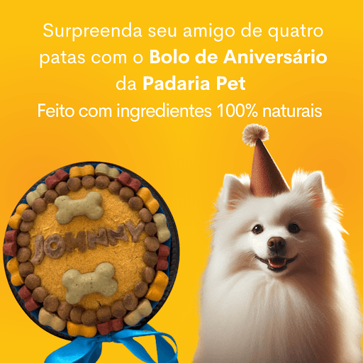 O aniversário do seu pet merece uma festa especial!   
Encomende o Bolo de Aniversário Pet da Padaria Pet: feito com ingredientes 
seguros e saudáveis, perfeito para comemorar em grande estilo com quem você 
ama!   

 Faça sua encomenda antecipada e garanta essa delícia no dia especial do seu 
pet! 

 Entre em contato ou visite a Padaria Pet mais próxima. 
 Porque cada lambeijo merece uma celebração!