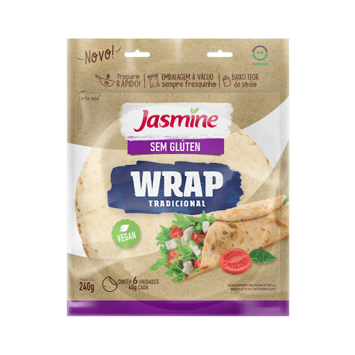 Sem Glúten Wrap Tradicional 240G - O Wrap Jasmine sem Glúten é leve, saudável e muito prático! Com ingredientes selecionados e nada de origem animal, é perfeito para quem procura um alimento saboroso, nutritivo e seguro para toda a família. Além disso, é embalado a vácuo conservando assim o produto fresquinho por muito mais tempo.