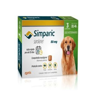 Simparic - Elimina carrapatos, pulgas e sarnas - 80 mg para Cães de 20,1 a 40 kg - 3 Comprimidos - Simparic é um comprimido saboroso que combate carrapatos, pulgas e sarnas em cães. É eficaz, seguro e possui ação rápida.

•	Princípio ativo: Sarolaner

•	Apresentação indicada para cães de 20,1 a 40 kg, à partir de 8 semanas de idade;

•	Ação rápida e sustentada, age em 3 horas com efeito sustentado por 35 dias;

•	Proteção e contra 11 espécies de carrapatos, pulgas e três tipos de sarna (sarcóptica, demodécica e otodécica);

•	Desenvolvido para cães de todas as raças e portes;

•	Diga SIM para Simparic!

Consulte sempre seu médico-veterinário.