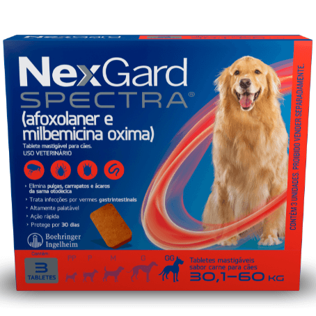 NexGard Spectra Antipulgas e Carrapatos e Vermífugo para Cães de 30,1 a 60kg 3 tabletes - NEXGARD SPECTRA® possui cinco faixas de peso, sendo seguro para todas as raças de cães. Se o peso do seu cão for superior a 60 kg, complemente a dosagem com um tablete adicional equivalente ao peso em falta. Mata, trata e controla pulgas e carrapatos, além de ser indicado para o tratamento de infecções por vermes nematódeos gastrintestinais adultos, como ascarídeos (Toxocara canis), ancilostomatídeos (Ancylostoma sp.) e tricurídeos (Trichuris vulpis). Também é indicado para o tratamento e prevenção de infestações por pulgas, carrapatos e sarna otodécica (sarna de ouvido) em cães adultos e filhotes a partir de 8 semanas de idade e peso corporal mínimo de 2,0 kg.