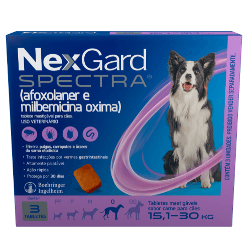 NexGard Spectra Antipulgas e Carrapatos e Vermífugo para Cães de 15,1 a 30kg 3 tabletes - NEXGARD SPECTRA® possui cinco faixas de peso, sendo seguro para todas as raças de cães. Se o peso do seu cão for superior a 60 kg, complemente a dosagem com um tablete adicional equivalente ao peso em falta. Mata, trata e controla pulgas e carrapatos, além de ser indicado para o tratamento de infecções por vermes nematódeos gastrintestinais adultos, como ascarídeos (Toxocara canis), ancilostomatídeos (Ancylostoma sp.) e tricurídeos (Trichuris vulpis). Também é indicado para o tratamento e prevenção de infestações por pulgas, carrapatos e sarna otodécica (sarna de ouvido) em cães adultos e filhotes a partir de 8 semanas de idade e peso corporal mínimo de 2,0 kg.