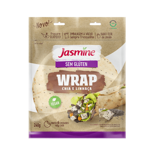 Sem Glúten Wrap Chia E Linhaça 240G - O Wrap Jasmine sem Glúten é leve, saudável e muito prático! Com ingredientes selecionados e nada de origem animal, é perfeito para quem procura um alimento saboroso, nutritivo e seguro para toda a família. Além disso, é embalado a vácuo conservando assim o produto fresquinho por muito mais tempo.