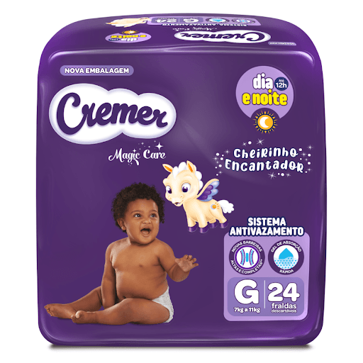 Fralda Descartável Cremer Infantil Magic Care - tam. G com 24 un. | Pacote Jumbo - A Nova Cremer além de encantadora possui fornece proteção contra vazamento e pele seca por até 12 horas, noite e dia.