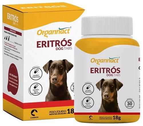 Eritrós Dog Tabs 18G - Organnact - Produto indicado para filhotes, adultos, idosos, fêmeas no início e no primeiro terço da gestação. Pode ser utilizado continuamente em matrizes. Contém a maior concentração de ácido fólico do mercado, com vitamina B6 e B12. Contém ferro quelatado (pode ser usado com antibióticos). Apenas 1 tablete mastigável ao dia (independente do peso, tamanho e Idade).