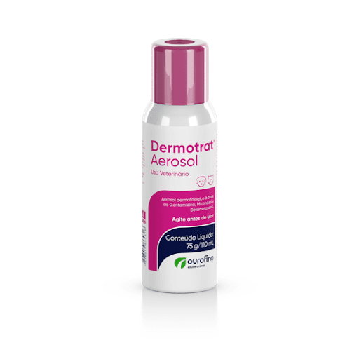 Dermotrat Aerosol 110 ml - Ourofino PET - Dermotrat Aerosol é um agente antibacteriano, antifúngico e anti-inflamatório de uso tópico para afecções cutâneas que acometem cães e gatos.