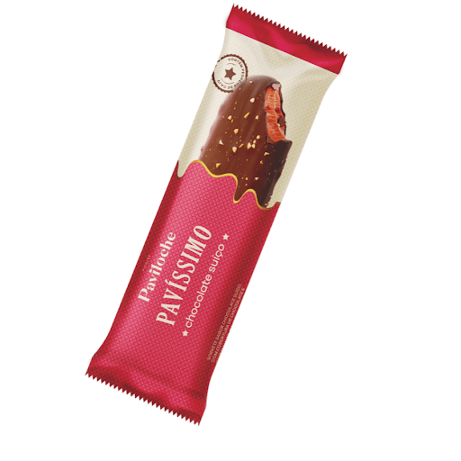 Sorvete Chocolate Suíço  Pavíssimo Pacote 85g  - Paviloche - Sorvete sabor chocolate suíço, com cobertura de chocolate e castanha de caju picada.