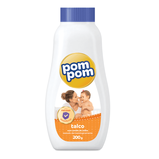 Talco Pom Pom 200g - O novo Talco Pom Pom protege a pele do bebê contra o atrito e a umidade, que podem causar assaduras e irritações. Feito com amido de milho, garante suavidade e maciez à pele.