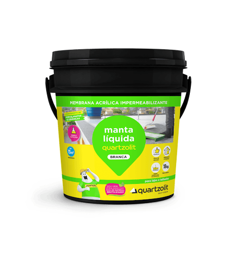 Impermeabilizante Manta Liquida Branca Balde 18Kg - "manta líquida branca quartzolit é um impermeabilizante flexível e elástico para lajes e coberturas sem trânsito, como  lajes de concreto armado e telhas de fibrocimento e telhas cerâmicas. Após secagem, forma uma membrana de alta resistência química.

         Fácil aplicação
         Impermeabilizante flexível de fácil aplicação
         Resistente aos raios ultravioleta e às intempéries
         Acomoda pequenas movimentações da estrutura
         Baixa absorção de água em longos períodos
         Mantém as propriedades em baixas temperaturas
         Baixa retenção de fuligem"