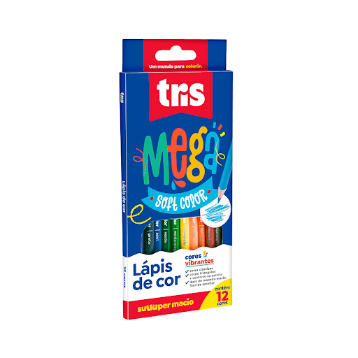 Lápis De Cor Mega Soft Color - 12 Cores - Tris - Cores vibrantes! Lápis de madeira, de traço super macio, excelente cobertura e corpo triangular. 12 cores! - Madeira, cargas, corantes e aglutinantes.