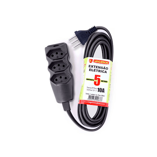 Extensão Elétrica 3 Tomadas 2P+T Preta Megatron 10A 5M-Multicoisas - A Extensão Elétrica Megatron com 3 Tomadas 2P+T na cor preta de 10A com cabo PP de 5m é a opção perfeita para você plugar aparelhos e dispositivos para utilizá-los com segurança em qualquer ocasião.