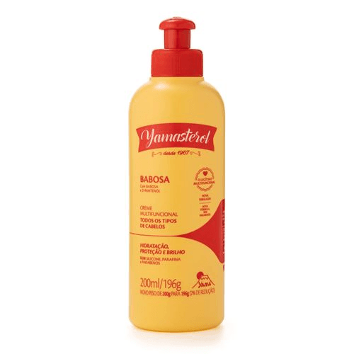 Yamasterol Babosa 200 ml - O Creme Multifuncional Yamasterol Babosa e D-Pantenol, também conhecido como Amarelinho, contém dois grandes aliados no tratamento de seus fios: um poderoso hidratante (o D-Pantenol) e um antioxidante natural com muitas vitaminas como A, C, E, B1, B2, B3, B6, B12 e B13 (a Babosa). Por isso, pode ser usado como condicionador, pré-shampoo, máscara de hidratação no cronograma capilar e creme para pentear.