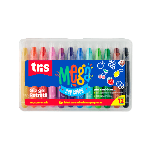Giz Retrátil Mega Gel Color - 12 Cores - Tris - Cores super vibrantes e textura inigualável! O giz retrátil MEGA Gel Color tem uma excelente cobertura de cor e é aquarelável. É ideal para pré-escola e vem com cheirinhos que despertam ainda mais os sentidos e a curiosidade dos pequenos artistas. - Resinas termoplásticas, ácido esteárico, ceras, pigmentos e aditivos.