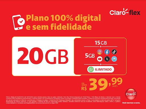 Experimente um novo jeito de controlar seu plano. É 100% digital e sem fidelidade. Oferta Imbatível. Vem ser flex. Muita internet. Por R$ 39,99/mês.