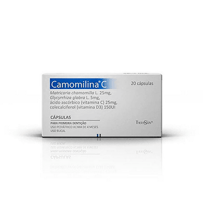 Camomilina  C 


Matricaria chamomilla L. 25mg, Glycyrrhiza glabra L. 5mg, ácido ascórbico (vitamina C) 25mg, colecalciferol (vitamina D3) 150UI - Camomilina  C 


Matricaria chamomilla L. 25mg, Glycyrrhiza glabra L. 5mg, ácido ascórbico (vitamina C) 25mg, colecalciferol (vitamina D3) 150UI 





Com formulação única, com componentes naturais¹, Camomilina  C é um medicamento seguro e eficaz no alívio dos sintomas da primeira dentição². Possui ação anti-inflamatória¹, analgésica¹ e antisséptica³, além de aliviar também o prurido (coceira) na gengiva¹ dos pequenos.


Camomilina  C é eficaz porque possui extratos de Camomila, Alcaçuz e Vitamina C, que juntos, aliviam inflamações na gengiva e reduzem o desconforto causado pelos dentinhos. E o melhor, não contém anestésico sintético⁴,⁵, diminuindo assim o risco de inibir o reflexo de deglutição.





Modo de uso: Administrar 1 cápsula a cada aplicação, 2x ao dia ou a critério médico. A cápsula não deve ser ingerida, e sim aberta cuidadosamente sendo o seu conteúdo administrado diretamente na área afetada da gengiva. A dose máxima diária de Camomilina  C é de 4 cápsulas. 





Referências bibliográficas: 


1. Addor FAS, Brussi N, Silva VM. Estudo monocêntrico, aberto e não comparativo para avaliação da efetividade e tolerabilidade do uso da Camomilina  C no tratamento sintomático da erupção dentária em lactentes. Medcin Instituto da Pele-Área de Investigação Clínica. EN 0606/07, agosto de 2007. 


2. Bula de Camomilina