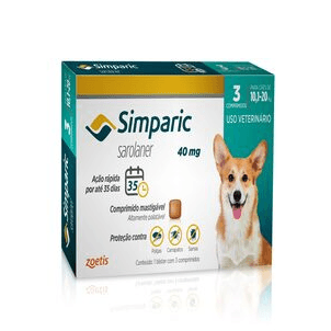 Simparic - Elimina carrapatos, pulgas e sarnas - 40 mg para Cães de 10,1 a 20 kg - 3 Comprimidos - Simparic é um comprimido saboroso que combate carrapatos, pulgas e sarnas em cães. É eficaz, seguro e possui ação rápida.

•	Princípio ativo: Sarolaner

•	Apresentação indicada para cães de 10,1 a 20 kg, à partir de 8 semanas de idade;

•	Ação rápida e sustentada, age em 3 horas com efeito sustentado por 35 dias;

•	Proteção e contra 11 espécies de carrapatos, pulgas e três tipos de sarna (sarcóptica, demodécica e otodécica);

•	Desenvolvido para cães de todas as raças e portes;

•	Diga SIM para Simparic!

Consulte sempre seu médico-veterinário.