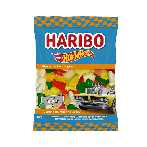 Bala de Gelatina Hot Wheels Race 80g - Haribo - Vai ser impossível resistir a esse mix! Formatos exclusivos Hot Wheels™ com sabores de frutas sortidas da Haribo: abacaxi, uva verde, morango e banana .