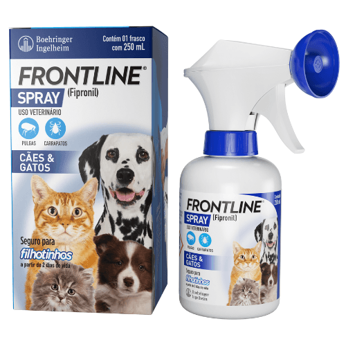 Antipulgas e Carrapatos Frontline Spray para Cães e Gatos - 250ml - FRONTLINE Spray é uma solução tópica para cães e gatos, disponível em frascos de 100mL e 250mL. Com efeito knock-down, mata pulgas rapidamente após o contato e controla reinfestações por novos parasitas. Pode ser aplicado desde o 2º dia de vida e oferece proteção por 30 dias.