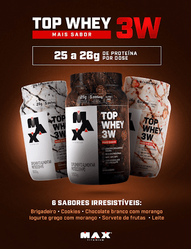Top Whey - 🥄 Brigadeiro, Chocolate Branco com Morango, Cookies & Cream, Iogurte Grego de Morango, Leite e Sorvete de Frutas.
Com o Top Whey 3W, você garante nutrição de alto nível com sabores que parecem sobremesa. Resultado e prazer em cada dose! 💪🍓🍫

👉 Formulado com três tipos de proteína do soro do leite (WPC, WPI e WPH), oferece aminoácidos essenciais e BCAAs que ajudam na construção muscular e na recuperação após o treino.